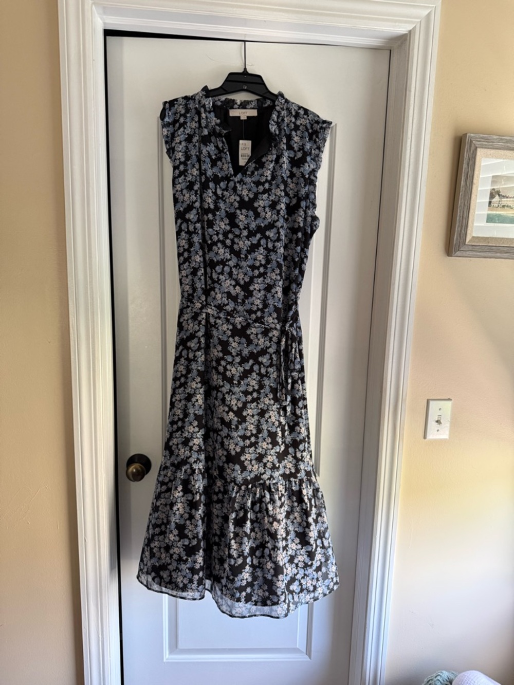 LOFT Black Midi Dress with Light Blue Floral Print
